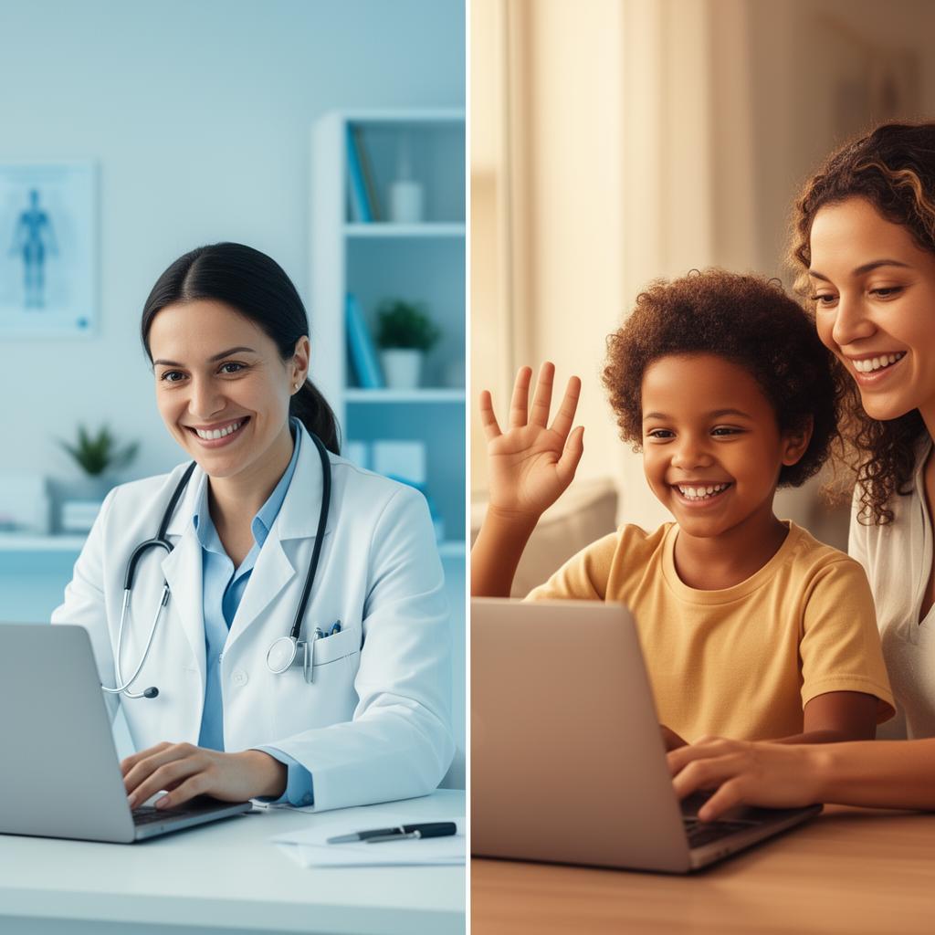 Médica voluntária em atendimento online com criança e mãe em casa